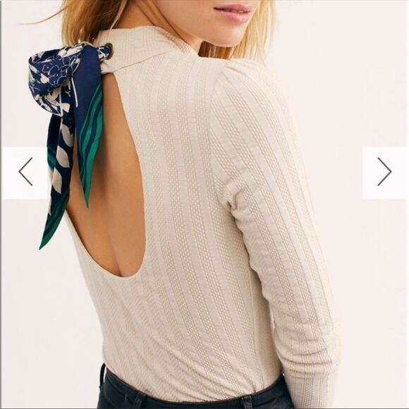 Free People Cream Blouse with Navy Scarf Detail - Picture 4 of 12